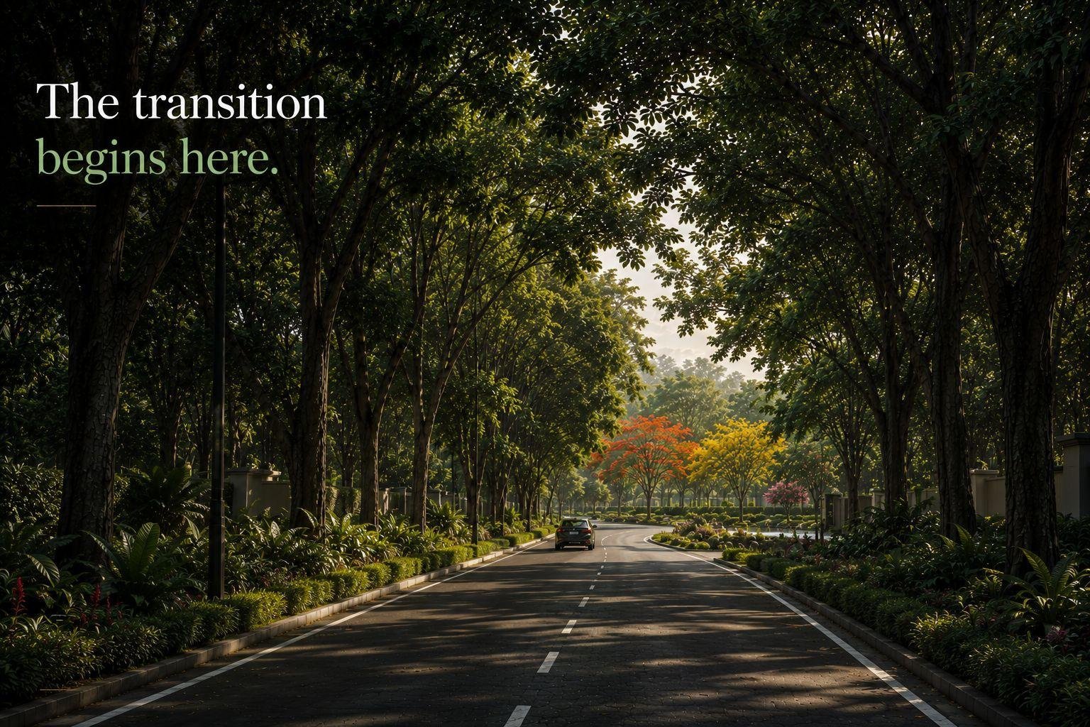 Tree-lined avenue inside Elixir Prana township